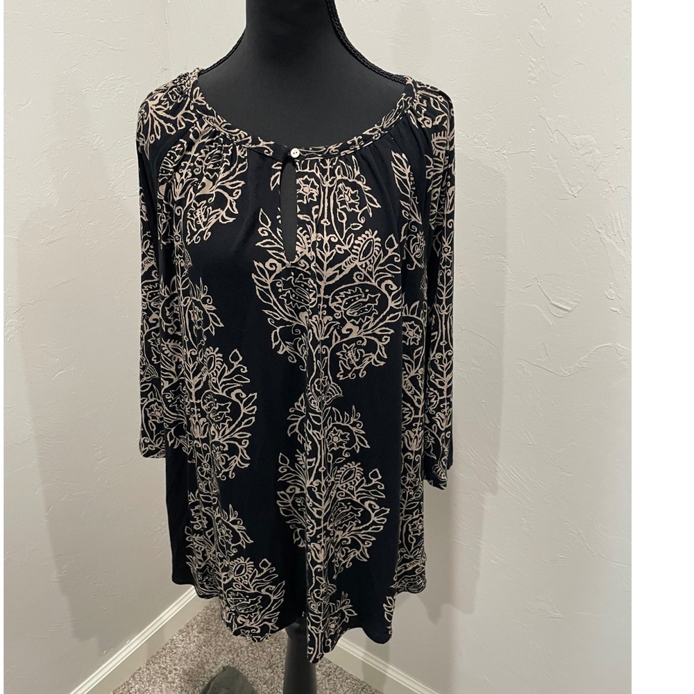 Lucky Brand Women 1X Black Tan Damask Floral Keyhole Viscose Tunic Blouse Top